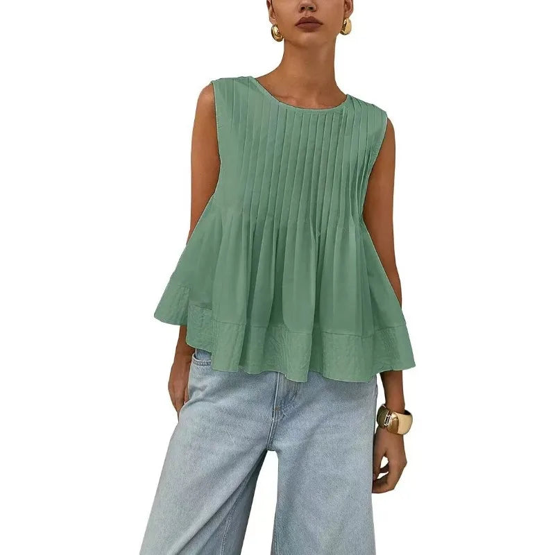 Women Sweet Ruffle Hem Vests Solid Color Summer Fashion Streetwear Female Sleeveless O-neck Tops Lady Casual Loose Camisole