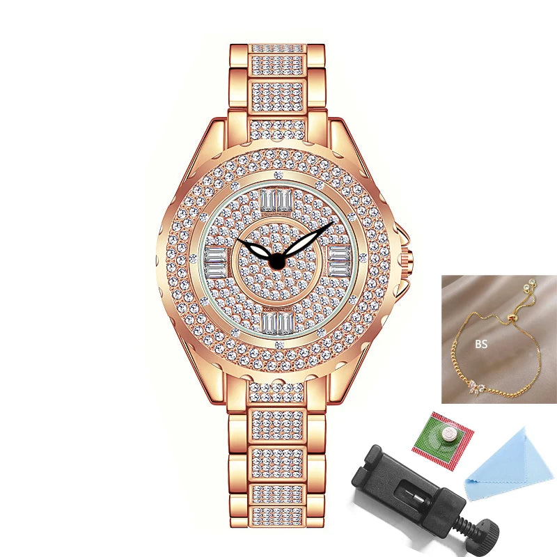 2025 Crystal Diamond Watches For Women Gold Original Elegant Ladies Watch With Bracelet Set Rose Gold Gift For Girlfriend Wife