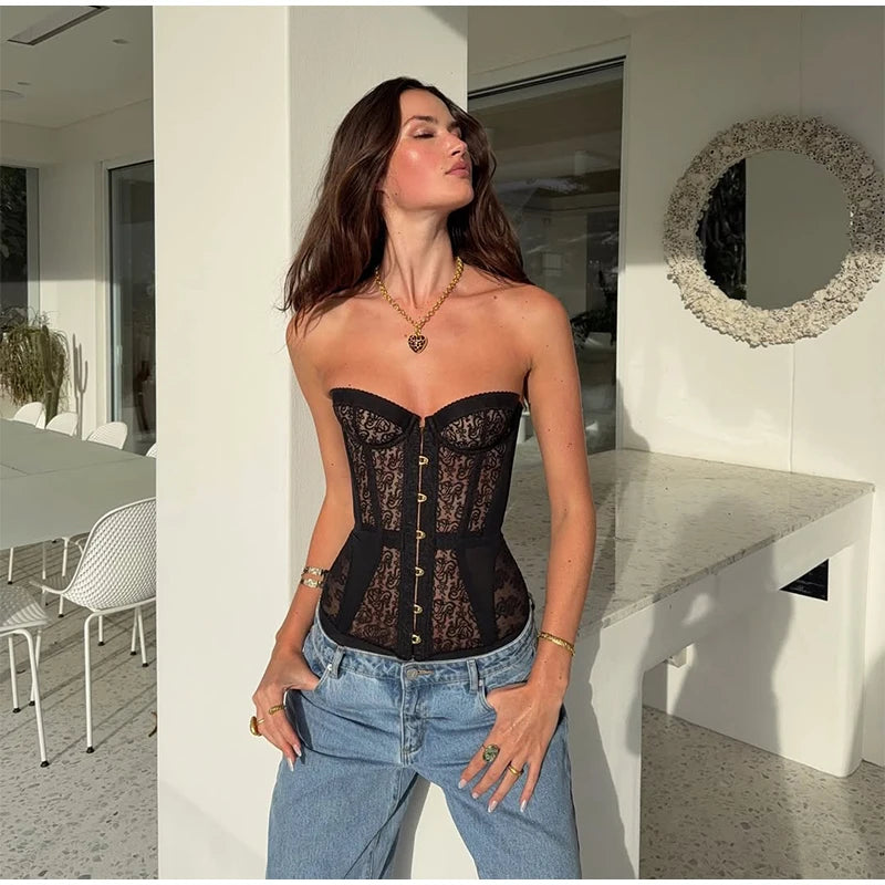 Sexy Lace Strapless Hollow Out Corset Women Bandage Party Wear Off Shoulder Slim Chic Vest Backless Sleeveless High Street Tops