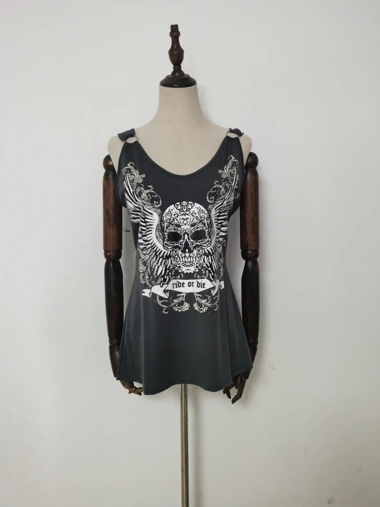 Skull Print Tank Top Women Summer New Sexy Tee Streetwear Round Neck Casual Loose Long Tops Black Fashion
