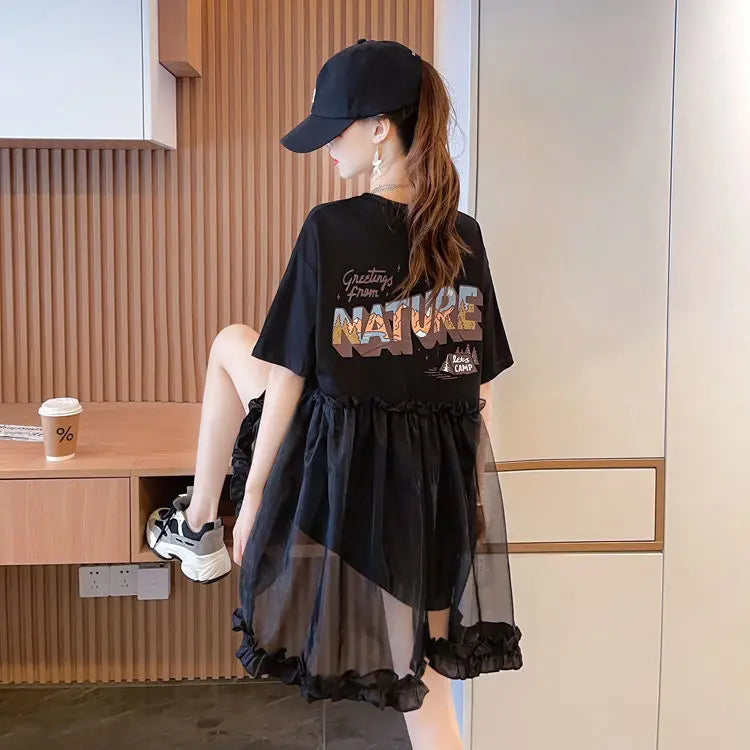 T Shirt Dress Woman Short Sleeve Summer Lace Clothing Women's Top Funny Fitted Slim Causal Long Graphic O Tall Kpop Cute Tees Xl