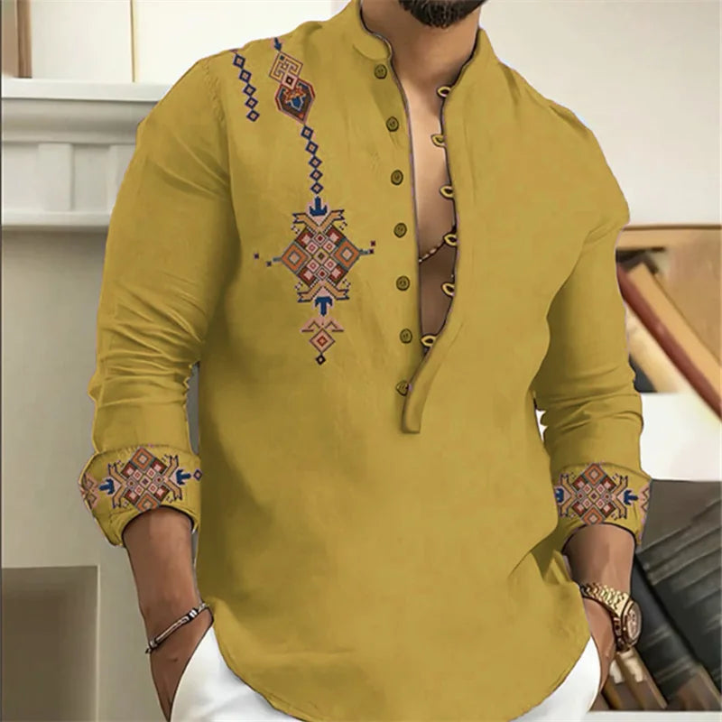 15-color men's shirt tribe pattern printing retro geometry leads outdoor street long-sleeved shirt super large size XS-6XL