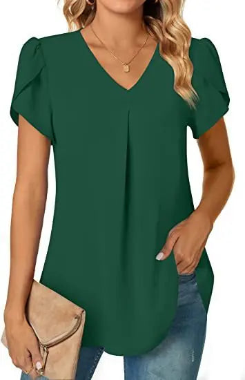 Sexy V Neck Ruffle Short Sleeve Blouse Shirts Summer Women V Neck Solid Color Loose OL Workout Blouse Tops SZE-ST23015