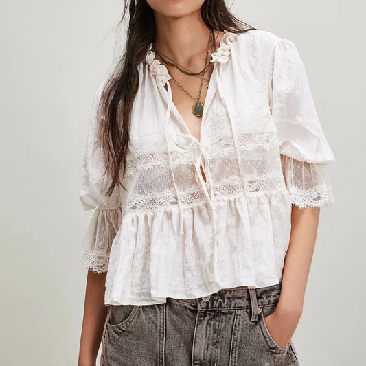 Women Ruffle Bow Tie Peplum Tops Boho Sheer Flowy Short Sleeve Blouse Lace Eyelet Frilly Babydoll Tees Shirt Streetwear