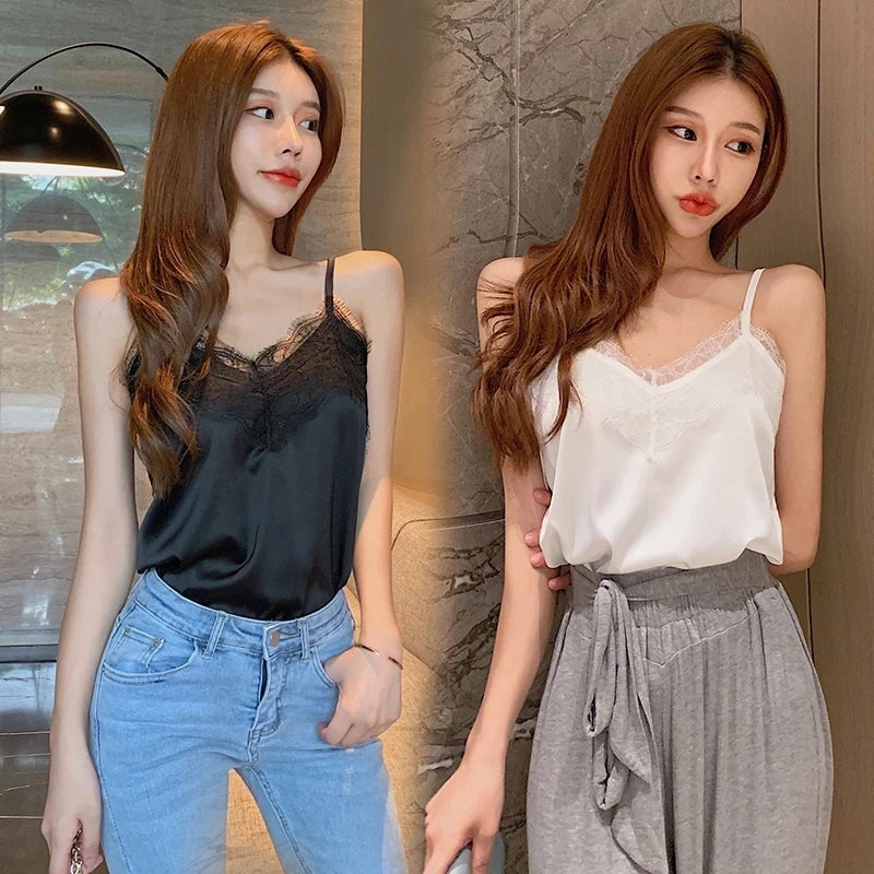 Summer with Lace Silk Top Cami for Women Spaghetti Strap Top Tank Ladies Tops White Camis Basic Tops Women 2023 Summer Fashion