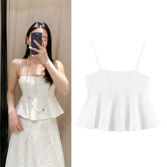 Ladies' Top 2025 Summer New Arrivals White Strap Wave Hem Top Embroidered Sexy Fashion Casual Versatile
