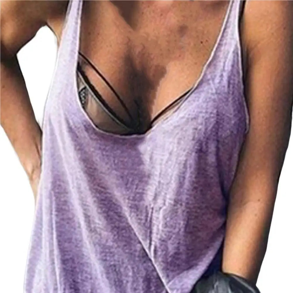 Lady Casual Solid Color Loose Tees U-neck Sleeveless Thin Women Vest Low Collar Stretchy Lady Summer Simple T-shirt Streetwear