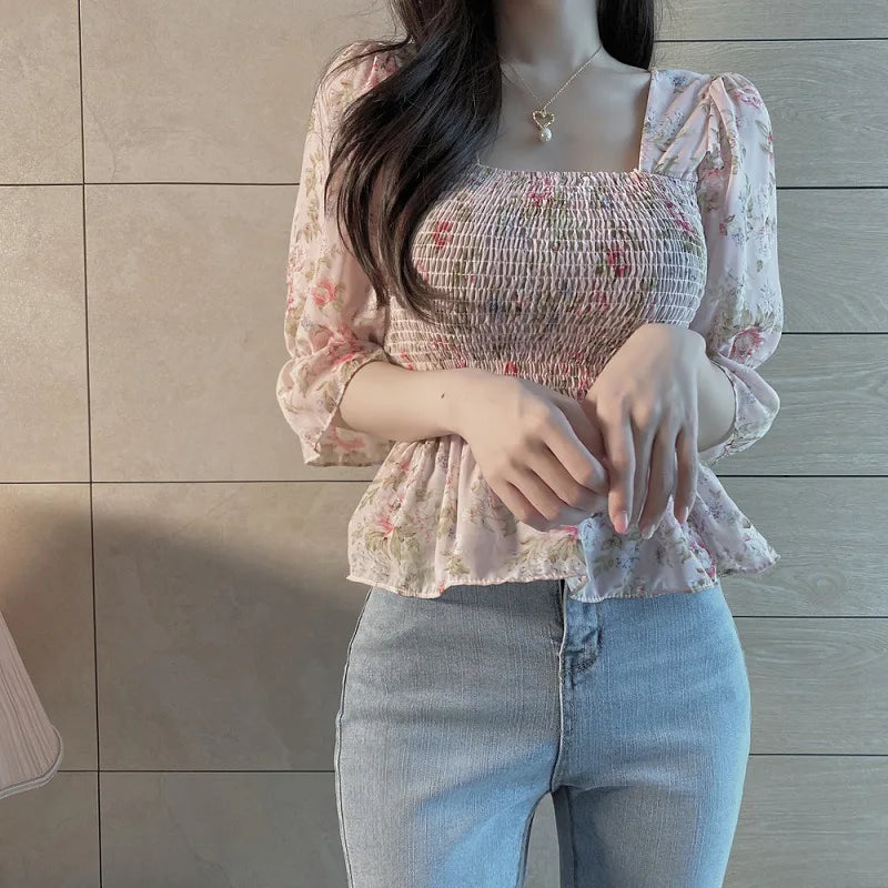 Blouses Women Slim Floral Print Lantern Sleeve Elegant Female Temperament Schoolgirls Summer All-match Leisure Holiday Clothes