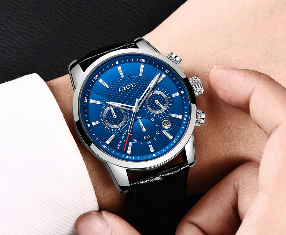 LIGE Watches Men 2024 Top Brand Luxury Casual Leather Quartz Men Watch Man Business Clock Male Sport Waterproof Date Chronograph
