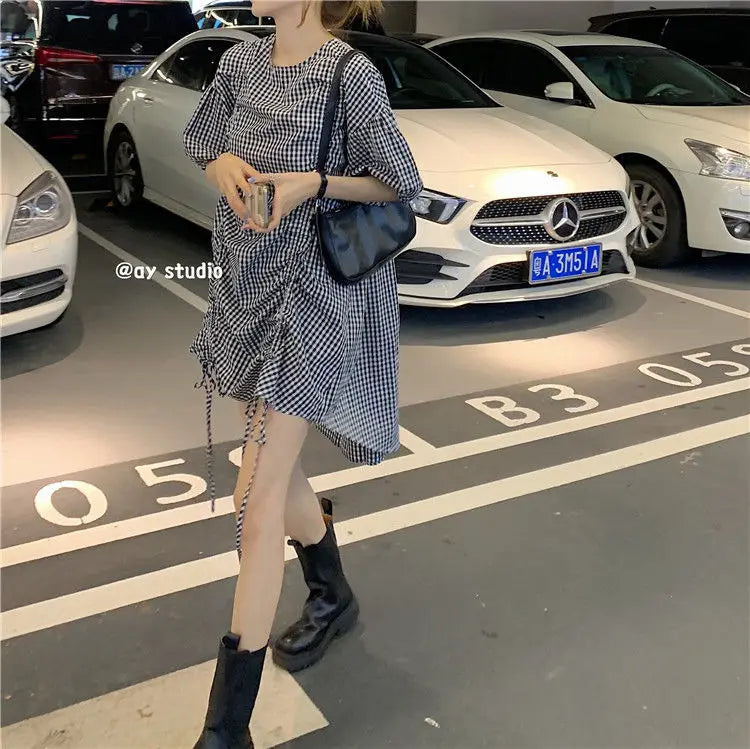 Korean Plaid Printed Loose Midi Dress Summer Short Sleeve Stylish Shirring Drawstring Female Irregular Casual O-Neck Dresses New
