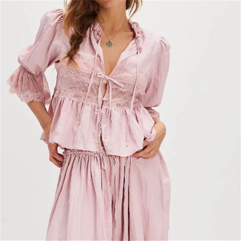 Women Ruffle Bow Tie Peplum Tops Boho Sheer Flowy Short Sleeve Blouse Lace Eyelet Frilly Babydoll Tees Shirt Streetwear