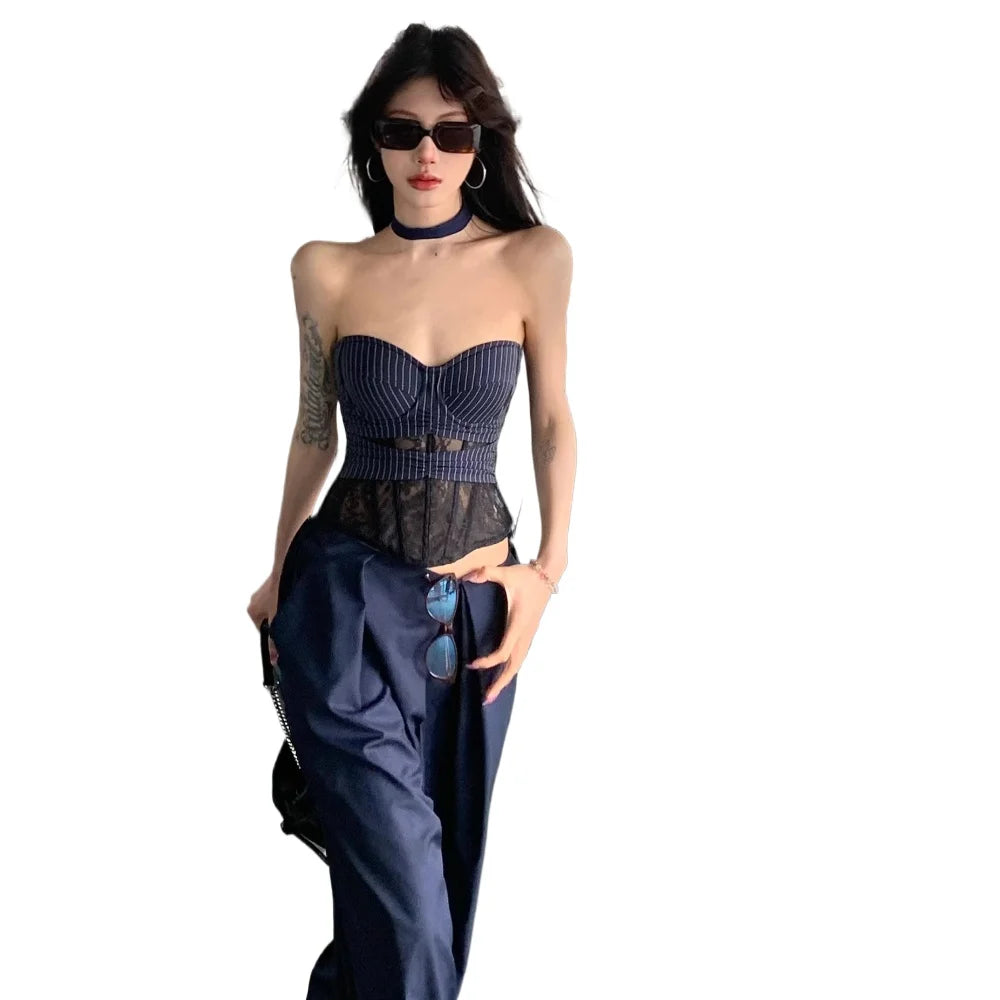 High Quality Hot Selling Wholesale Lace Vest Camisole Women's 2025 New Striped Patchwork Fishbone Corset Strapless Top Y2k Sexy
