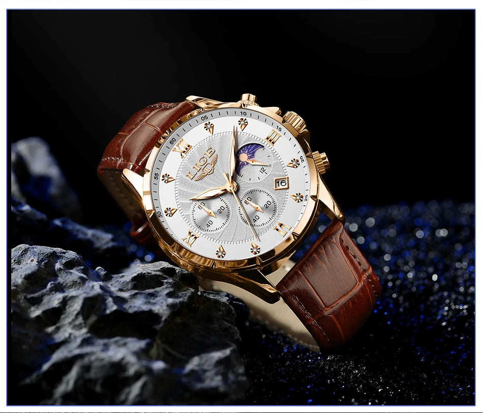 New Mens Watches LIGE Top Brand Luxury Leather Casual Quartz Watch Men's Sport Waterproof Clock Watch Relogios Masculino+Box