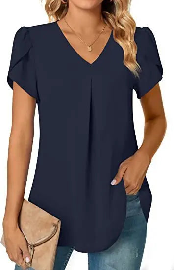 Sexy V Neck Ruffle Short Sleeve Blouse Shirts Summer Women V Neck Solid Color Loose OL Workout Blouse Tops SZE-ST23015
