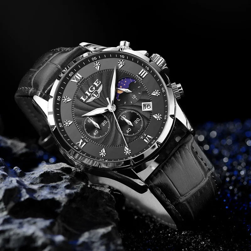 New Mens Watches LIGE Top Brand Luxury Leather Casual Quartz Watch Men's Sport Waterproof Clock Watch Relogios Masculino+Box
