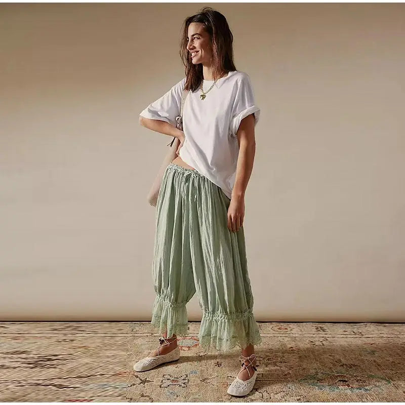 2025 Fashion Ruff Long Pants Women Casual Pleated Lace Lace Up Patchwork Straught Pants Lady Summer Chic Holiday Streetwear