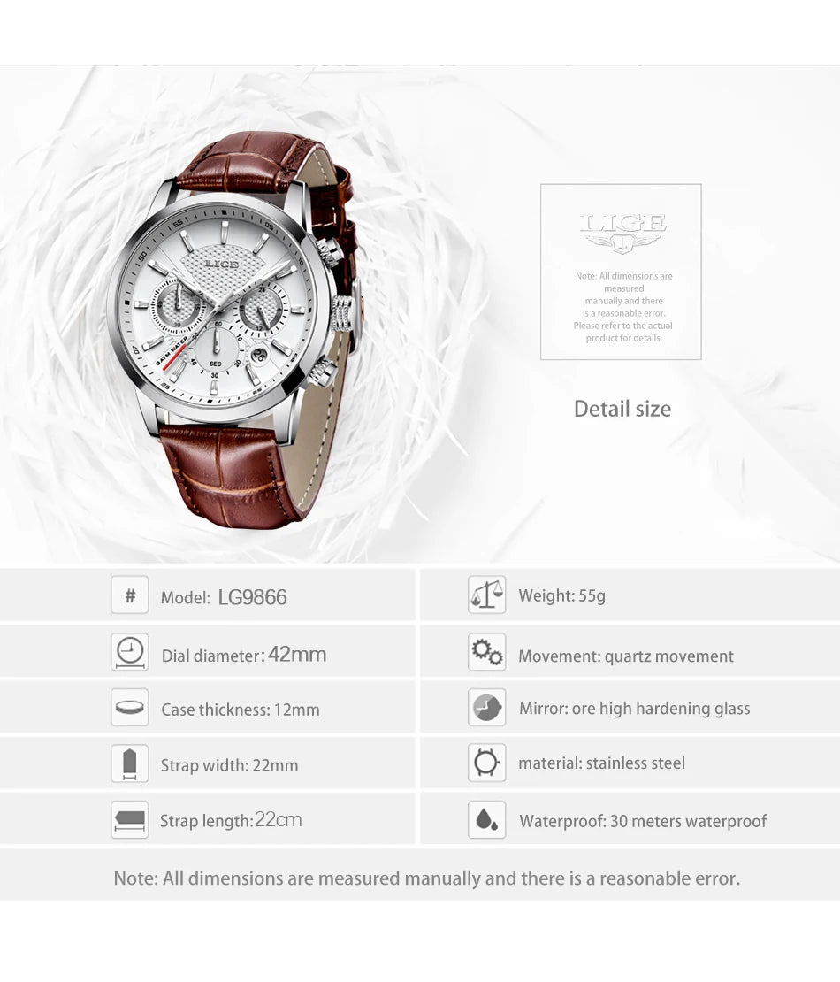 LIGE Watches Men 2024 Top Brand Luxury Casual Leather Quartz Men Watch Man Business Clock Male Sport Waterproof Date Chronograph
