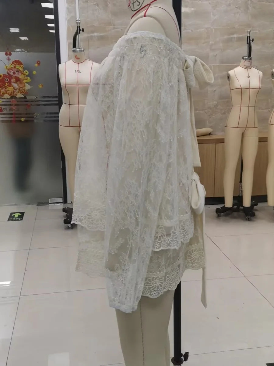 Women Sheer Lace Long Sleeve Tops Off Shoulder Lantern Sleeves Tiered Lace Solid Color See Through Tee Shirts