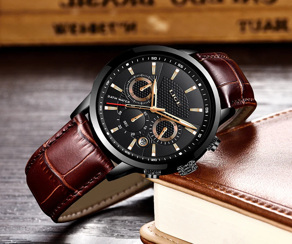 LIGE Watches Men 2024 Top Brand Luxury Casual Leather Quartz Men Watch Man Business Clock Male Sport Waterproof Date Chronograph