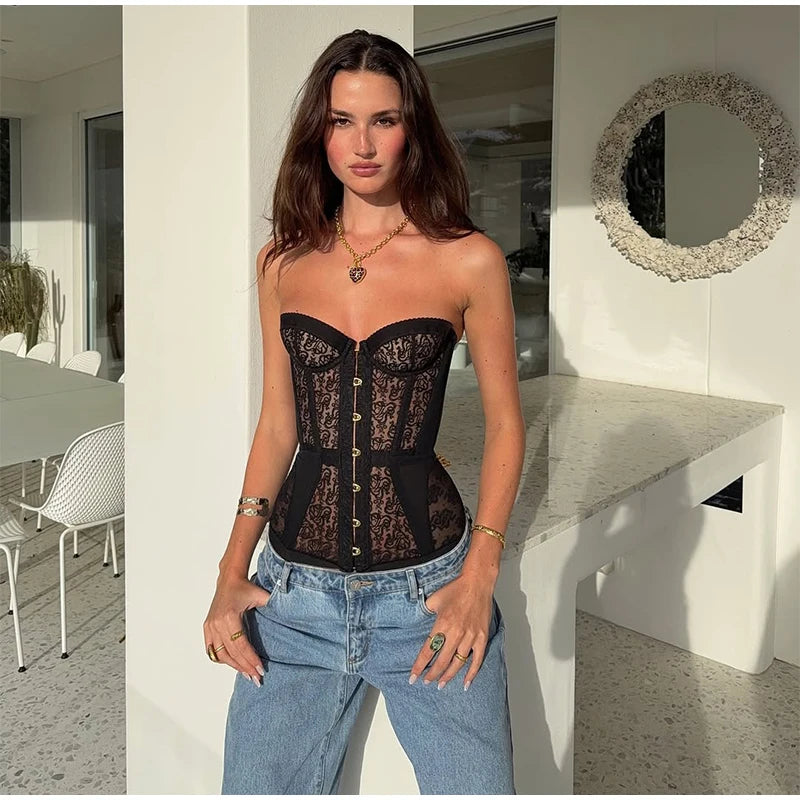 Sexy Lace Strapless Hollow Out Corset Women Bandage Party Wear Off Shoulder Slim Chic Vest Backless Sleeveless High Street Tops