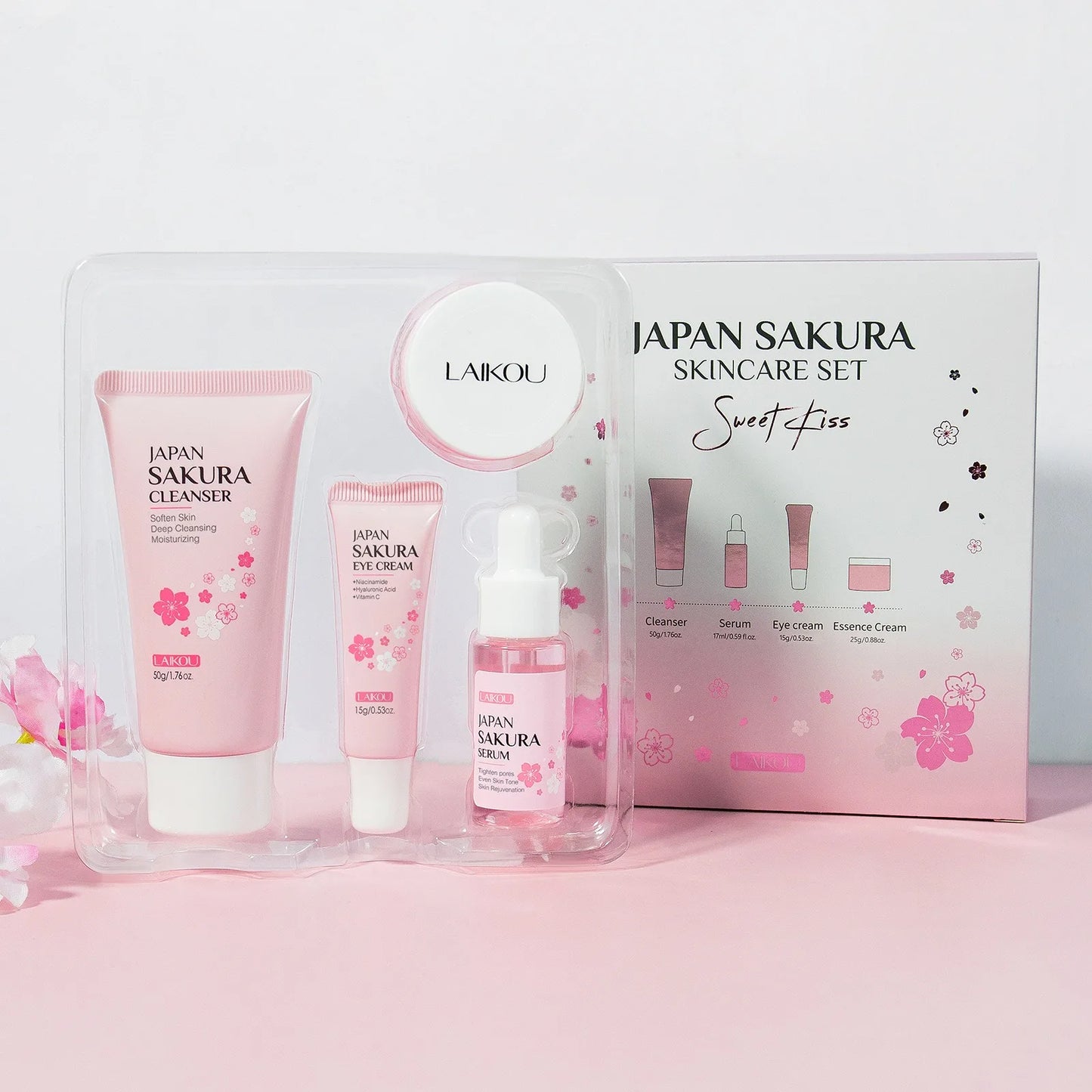 4 PCS Face Skin Care Set Cleanser Sakura Essence Cream Moisturizing Eye Cream Face Serum Improve Roughness & Dryness Skin Care