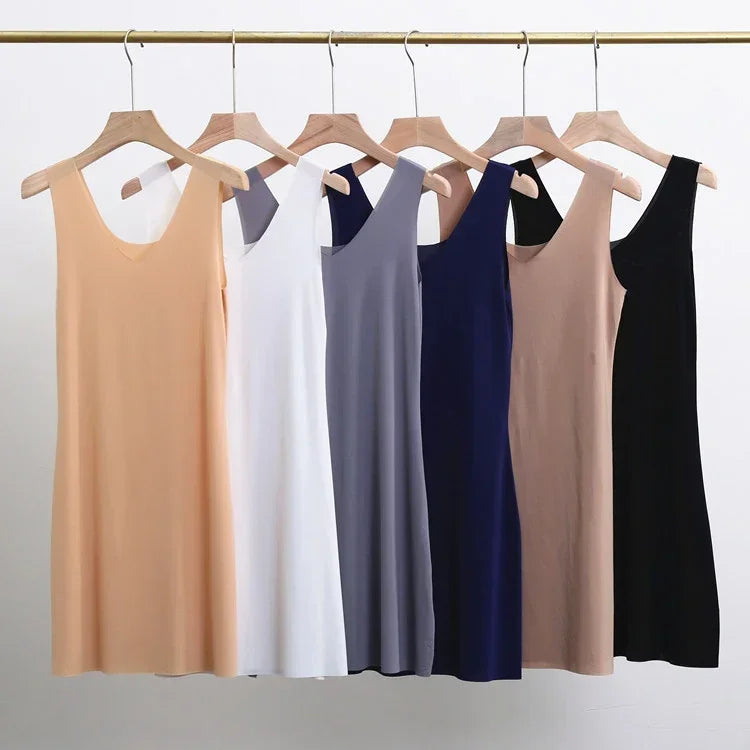 M-5XL Plus Size Full Slips Dresses For Women Summer Thin Seamless Ice Silk Petticoat Underskirt Sleeveless Underwear Dress Slips