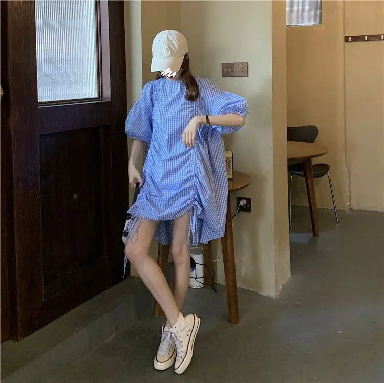Korean Plaid Printed Loose Midi Dress Summer Short Sleeve Stylish Shirring Drawstring Female Irregular Casual O-Neck Dresses New