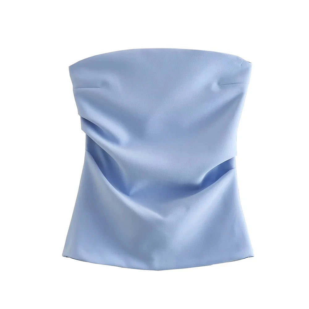 TRZA-Strapless Draped Bustier Tops for Women, Straight Neck, Back Zipper, Female Camis, Fashion