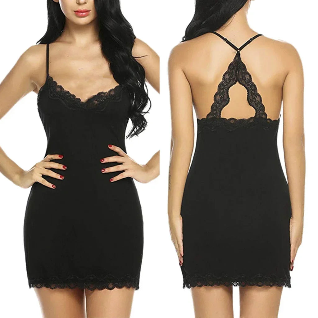 Summer Women's Fashionable Silk Satin Patchwork Lace Suspender with Back Lace Decoration Dress for Home Pajamas