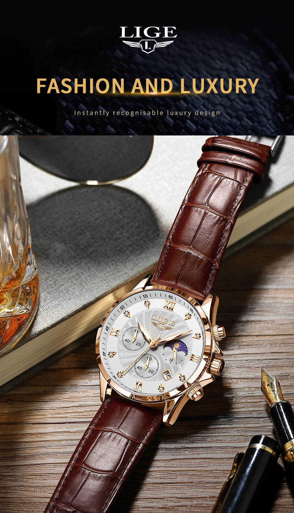 New Mens Watches LIGE Top Brand Luxury Leather Casual Quartz Watch Men's Sport Waterproof Clock Watch Relogios Masculino+Box