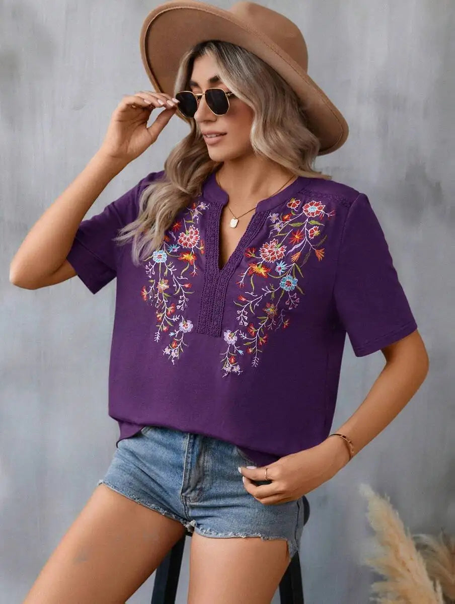 Ladies' Retro Casual Chic Embroidered Women's Shirt With Lace And Lace Stitching, V-neck Loose And Comfortable Top, Women's T