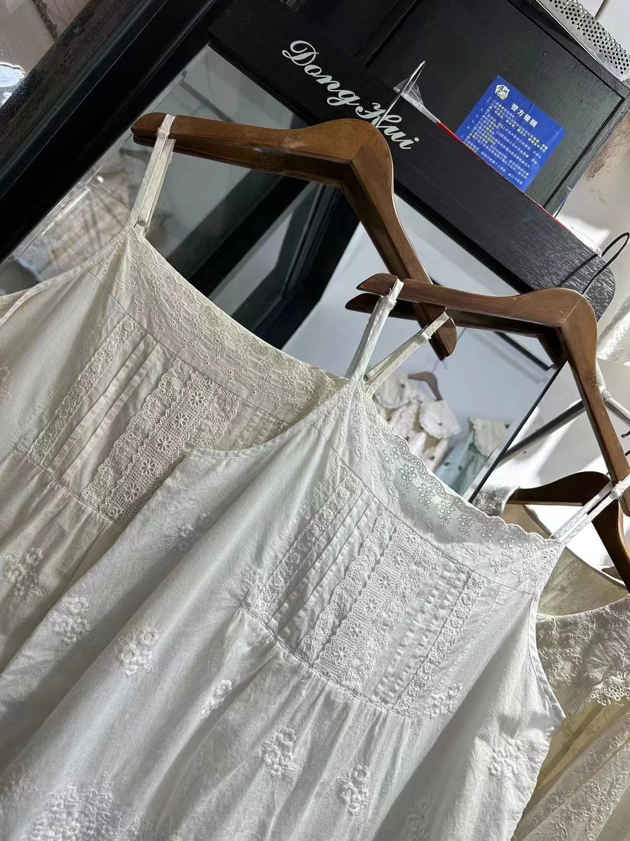 100% Cotton thin embroidery hollow out mid-length white black beige slip dress mori girl Japan style sweet petticoat dress