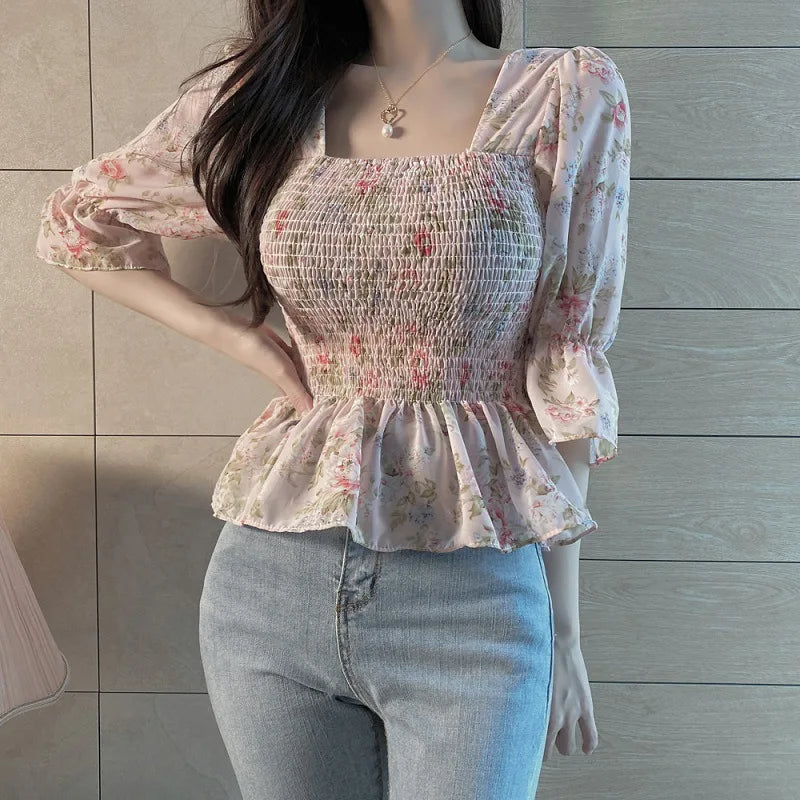 Blouses Women Slim Floral Print Lantern Sleeve Elegant Female Temperament Schoolgirls Summer All-match Leisure Holiday Clothes