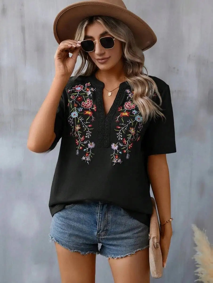 Ladies' Retro Casual Chic Embroidered Women's Shirt With Lace And Lace Stitching, V-neck Loose And Comfortable Top, Women's T