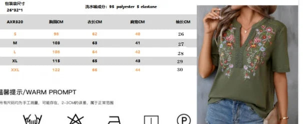 Ladies' Retro Casual Chic Embroidered Women's Shirt With Lace And Lace Stitching, V-neck Loose And Comfortable Top, Women's T