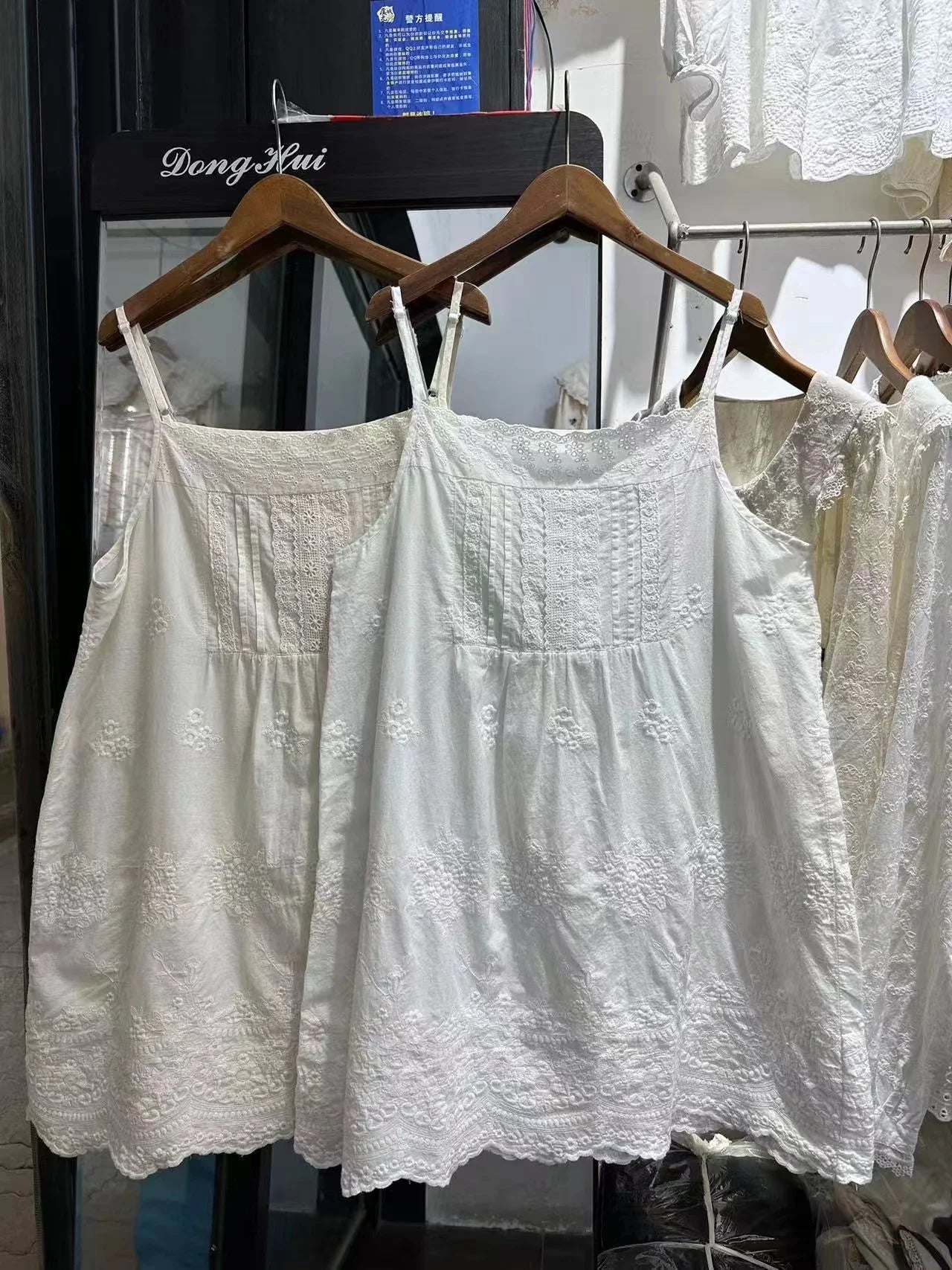 100% Cotton thin embroidery hollow out mid-length white black beige slip dress mori girl Japan style sweet petticoat dress