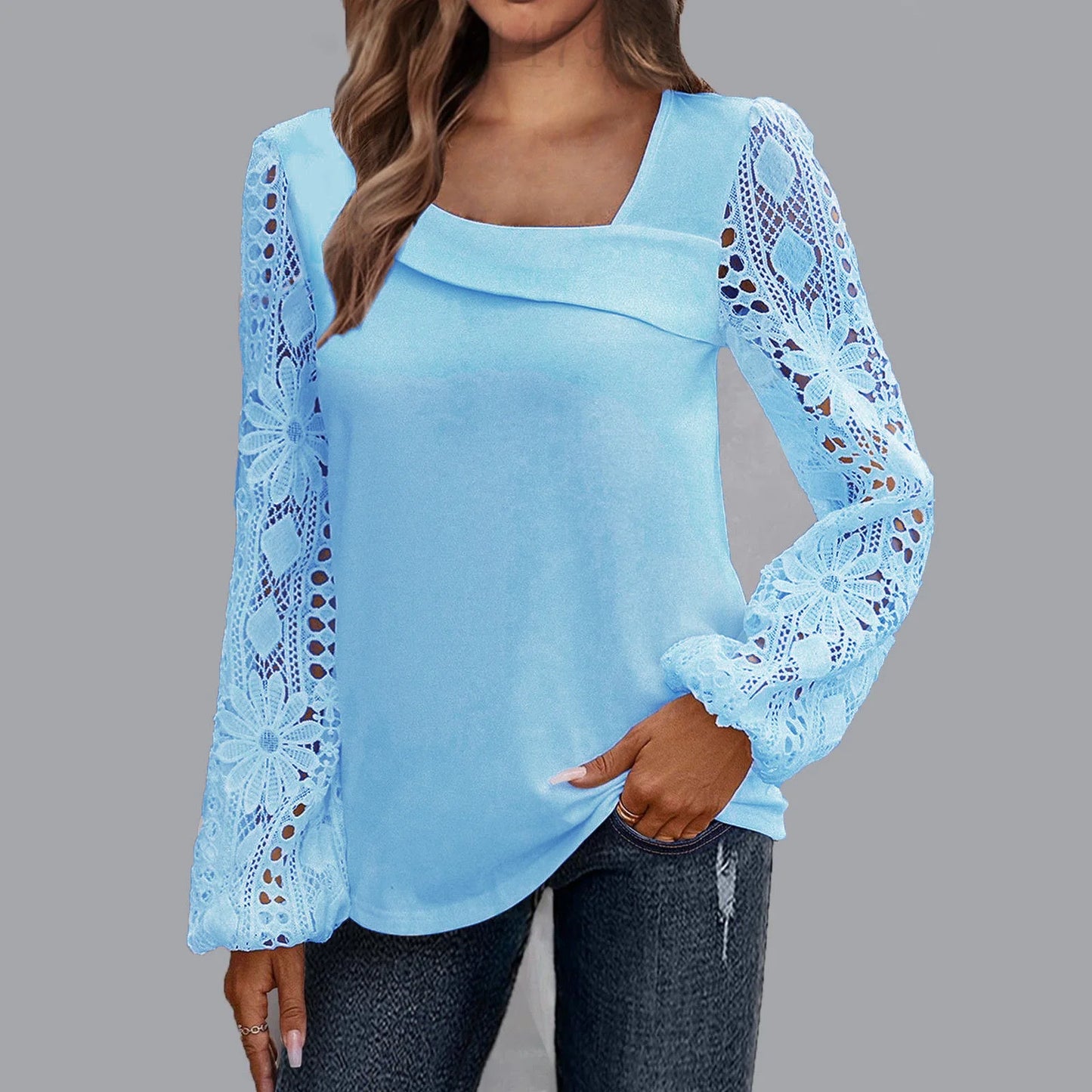Slant Neck Solid Color Long Sleeved Lace Printed Women's Shirt Fashionable Elegant Office Urban Style Spring Top