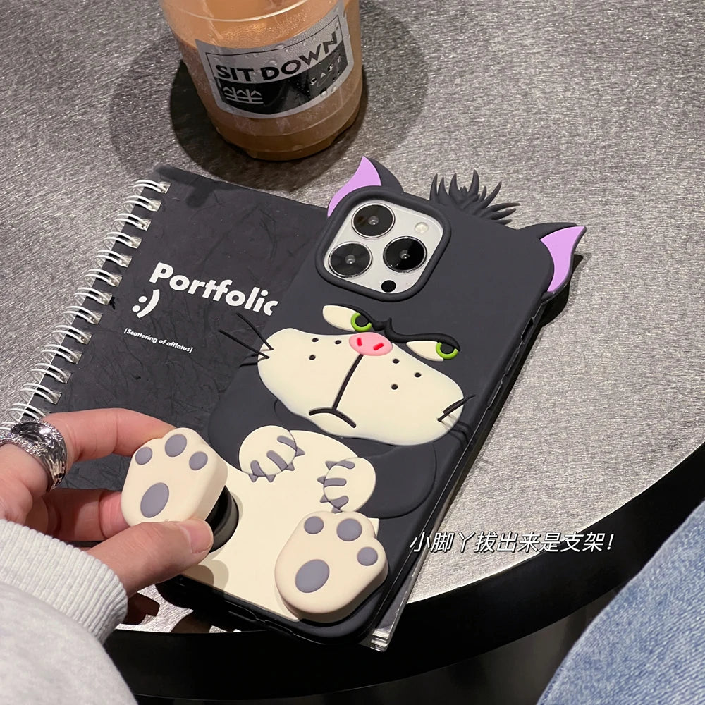 3D Telescopic Holder Phone Case, iPhone 11, 12, 13, 14, 15 16Pro Max, Soft Silicone, Back Cover, Skin Shell, Cute Cartoon Animal