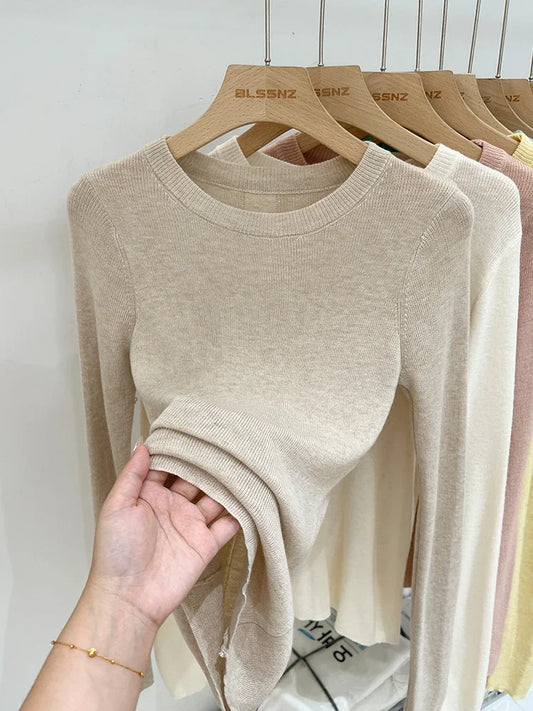 Lady Basic O-Neck Slim T-Shirt Women Solid Multi Color All-Match Trend Casual Top Screw Knit Long Sleeve Elastic Spring Office