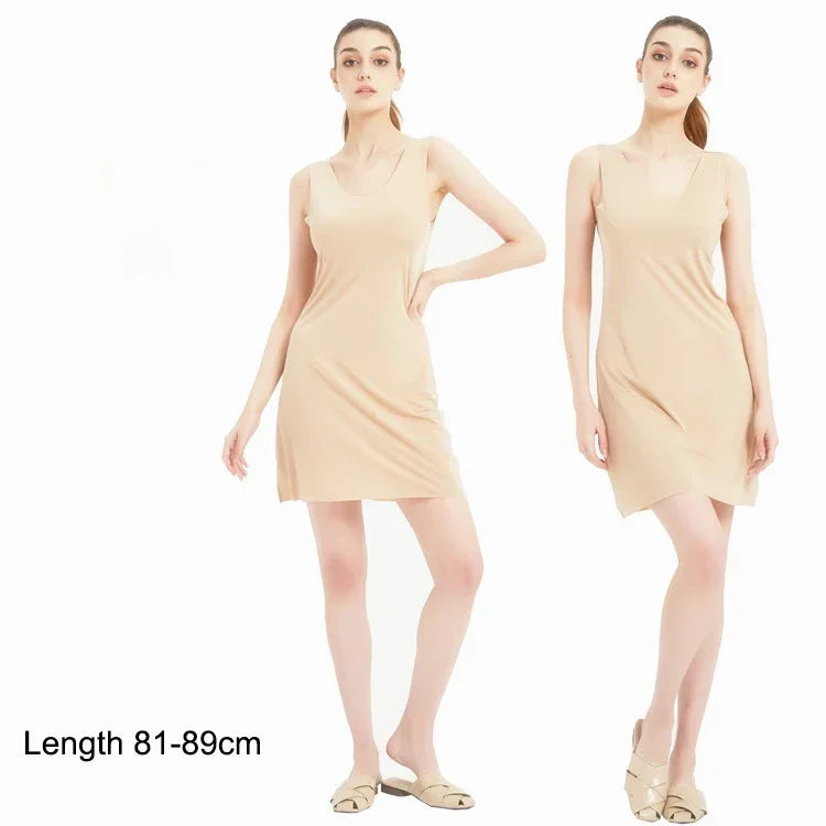 M-5XL Plus Size Full Slips Dresses For Women Summer Thin Seamless Ice Silk Petticoat Underskirt Sleeveless Underwear Dress Slips