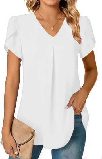 Sexy V Neck Ruffle Short Sleeve Blouse Shirts Summer Women V Neck Solid Color Loose OL Workout Blouse Tops SZE-ST23015