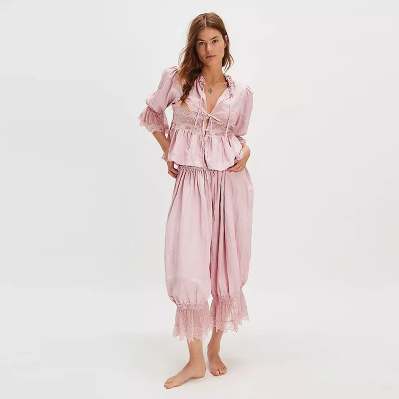 2025 Fashion Ruff Long Pants Women Casual Pleated Lace Lace Up Patchwork Straught Pants Lady Summer Chic Holiday Streetwear