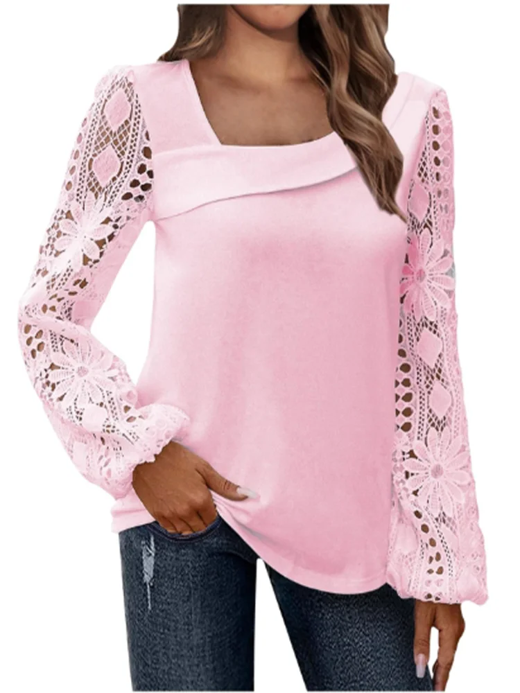 Slant Neck Solid Color Long Sleeved Lace Printed Women's Shirt Fashionable Elegant Office Urban Style Spring Top