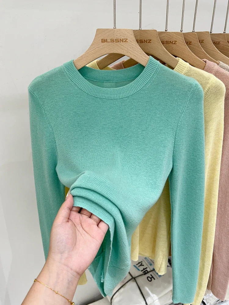 Lady Basic O-Neck Slim T-Shirt Women Solid Multi Color All-Match Trend Casual Top Screw Knit Long Sleeve Elastic Spring Office