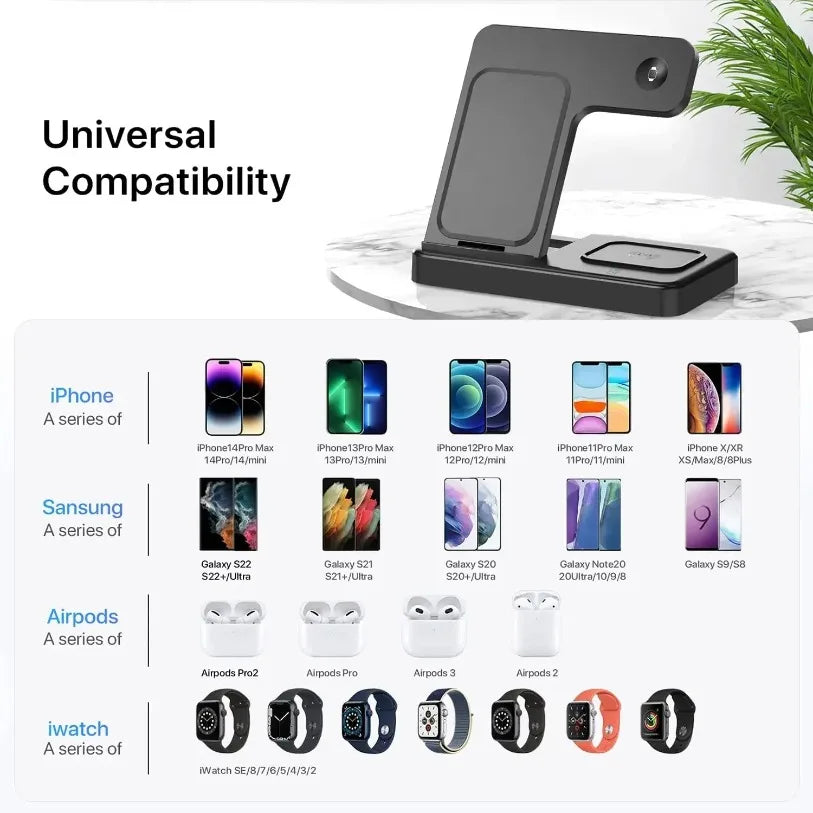3 in 1 Wireless Charger Stand  For iPhone 16 15 14 13 12 11 X  iWatch 8 7 6  Airpods Pro 30W Foldable Fast Charging Dock Station