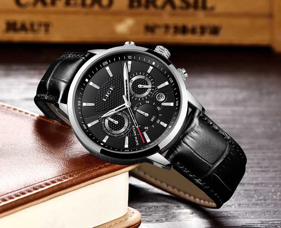 LIGE Watches Men 2024 Top Brand Luxury Casual Leather Quartz Men Watch Man Business Clock Male Sport Waterproof Date Chronograph