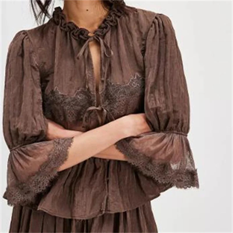 Women Ruffle Bow Tie Peplum Tops Boho Sheer Flowy Short Sleeve Blouse Lace Eyelet Frilly Babydoll Tees Shirt Streetwear
