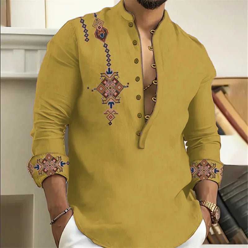 15-color men's shirt tribe pattern printing retro geometry leads outdoor street long-sleeved shirt super large size XS-6XL