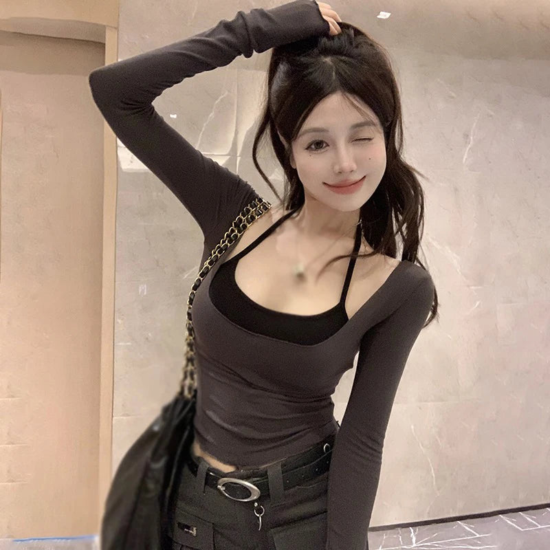 Ladies Top Long Sleeves T-shirt Two Piece Set Women's Short Halter Camisole All Match Patchwork Top Autumn Tight Crop Top