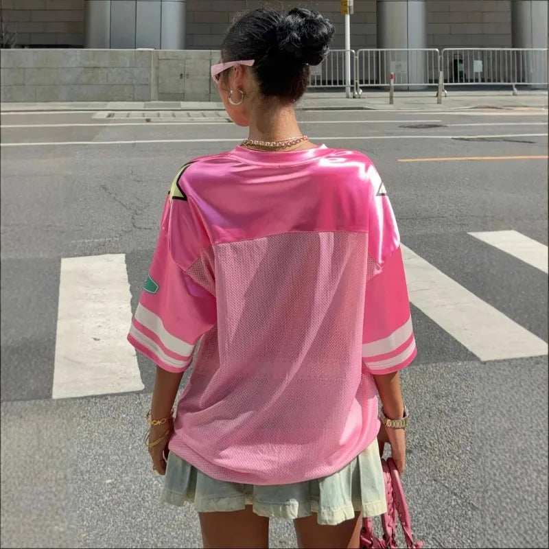 Lady Pink European and American Fashionable Loose Casual Street Printed Sportswear Tops Summer Girl Style Short Sleeved T-shirt